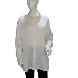 Glam Sheer Polka Dot Button Down Blouse Cream Tan Long Sleeve Size M